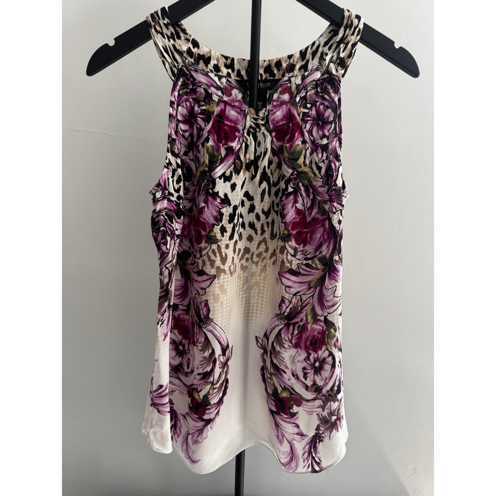 White House Black Market Silk Top Womens M Floral Leopard Sleeveless Blouse